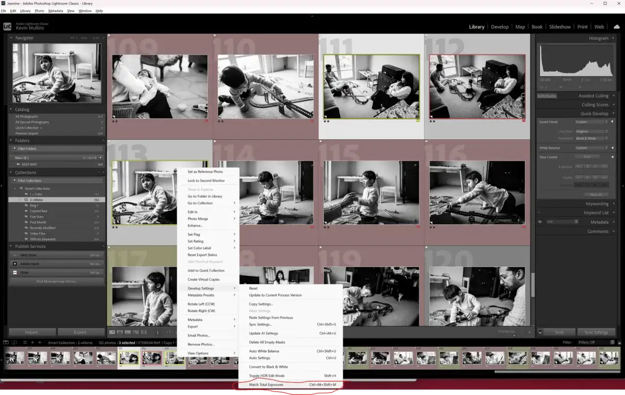Aggiornamento Lightroom: seleziona foto per sincronizzare esposizioni.