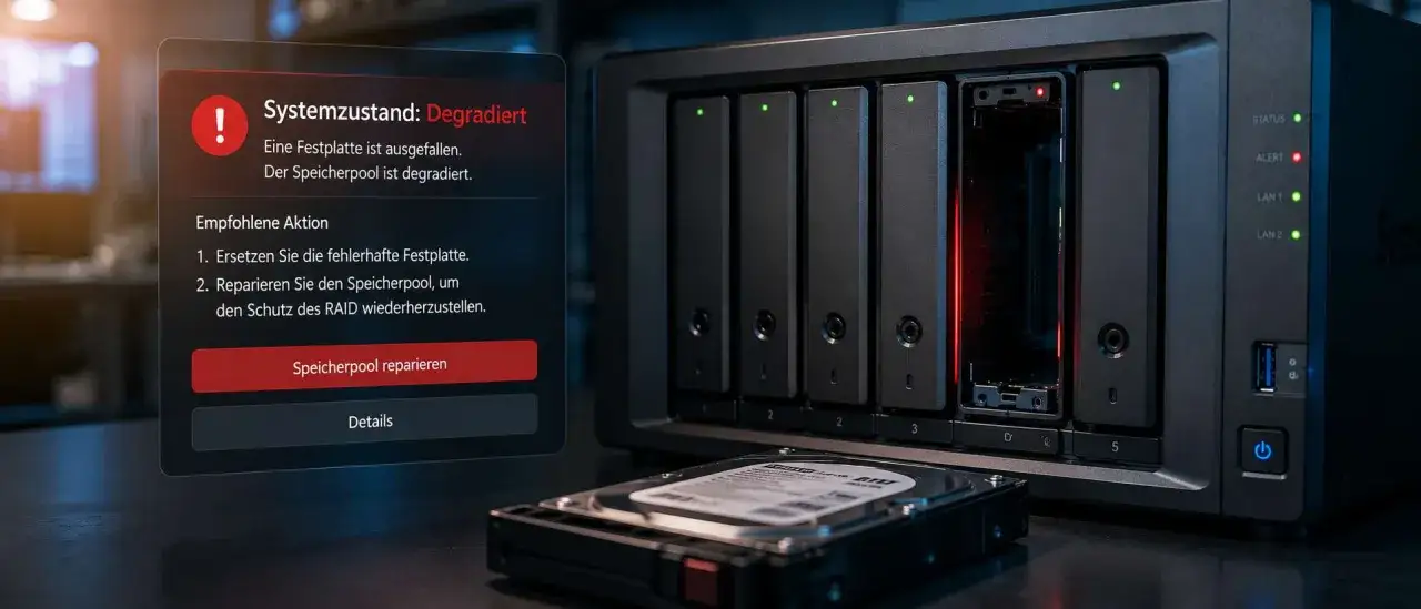 Systemwarnung: RAID 1-System degradiert. Eine Festplatte ist ausgefallen, der Speicherpool muss repariert werden.