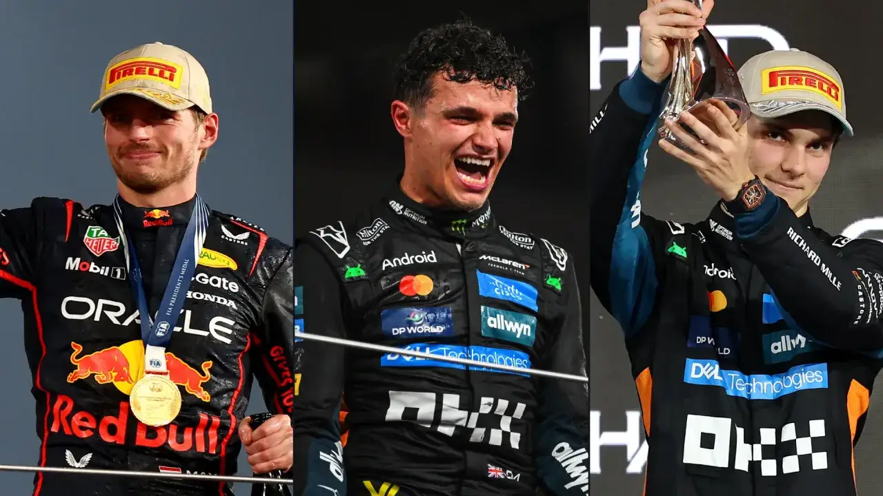 Max Verstappen, Lando Norris y Oscar Piastri celebran en el podio del GP Abu Dhabi 2024.