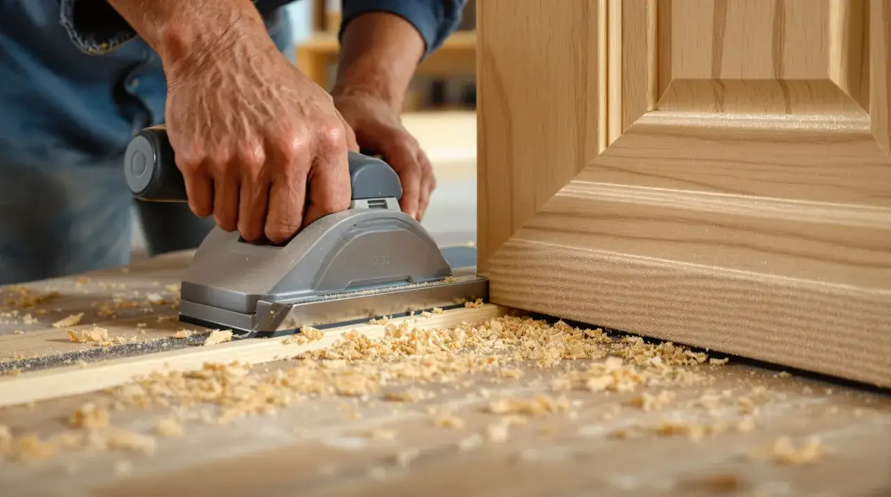 Un artisan utilise une ponceuse pour le détalonnage d'une porte en bois, créant des copeaux fins.