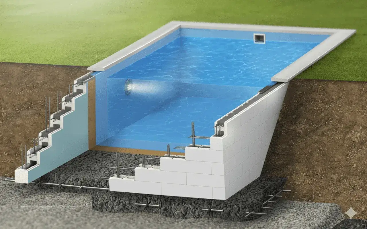Detaljerad vy av en poolkonstruktion med cellplast som isolering under poolen och l&auml;ngs v&auml;ggarna.