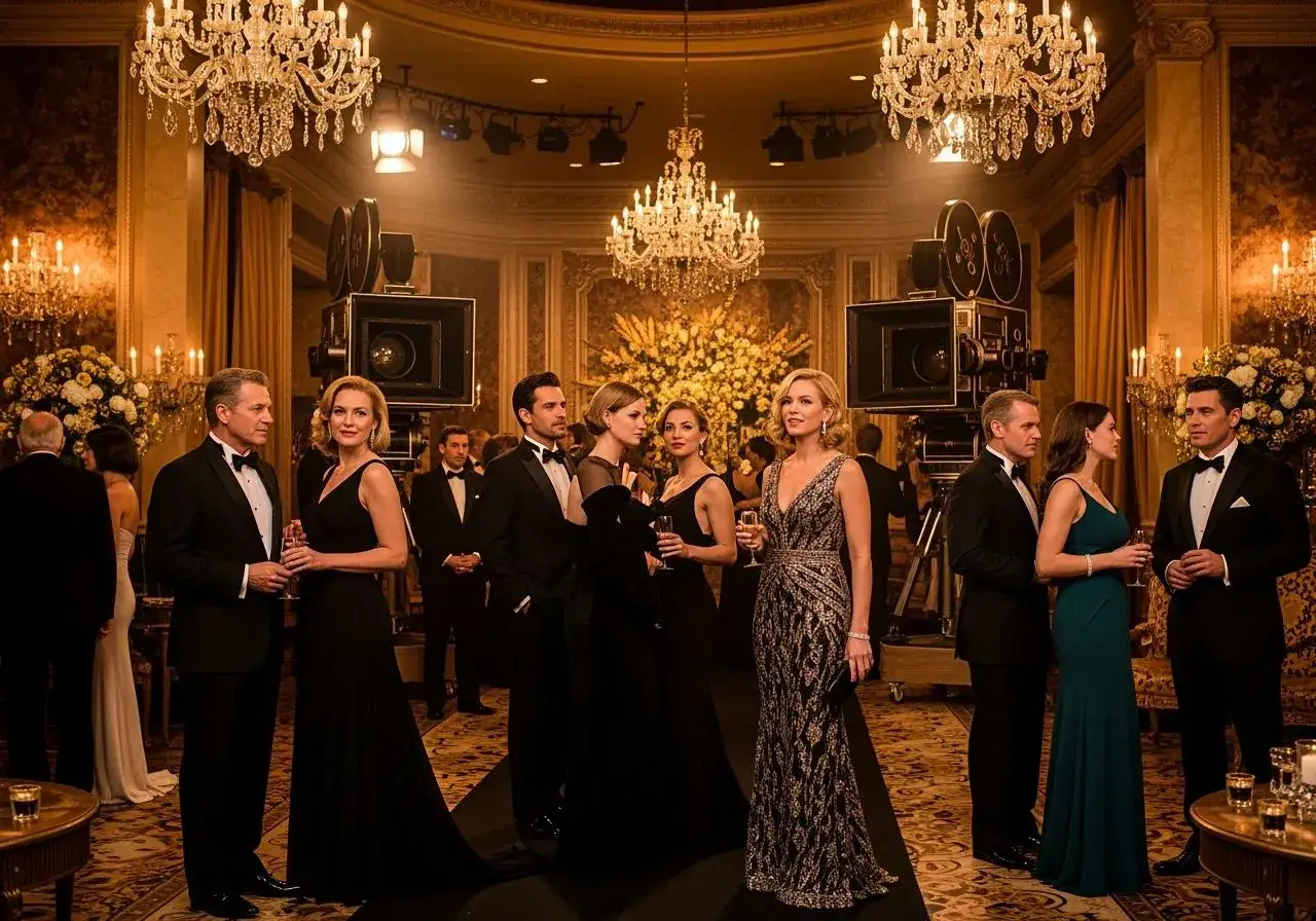 Eleganckie kobiety i mężczyźni w strojach z epoki old hollywood, otoczeni zabytkowymi kamerami i kryształowymi żyrandolami, tworzą atmosferę dawnego blasku.