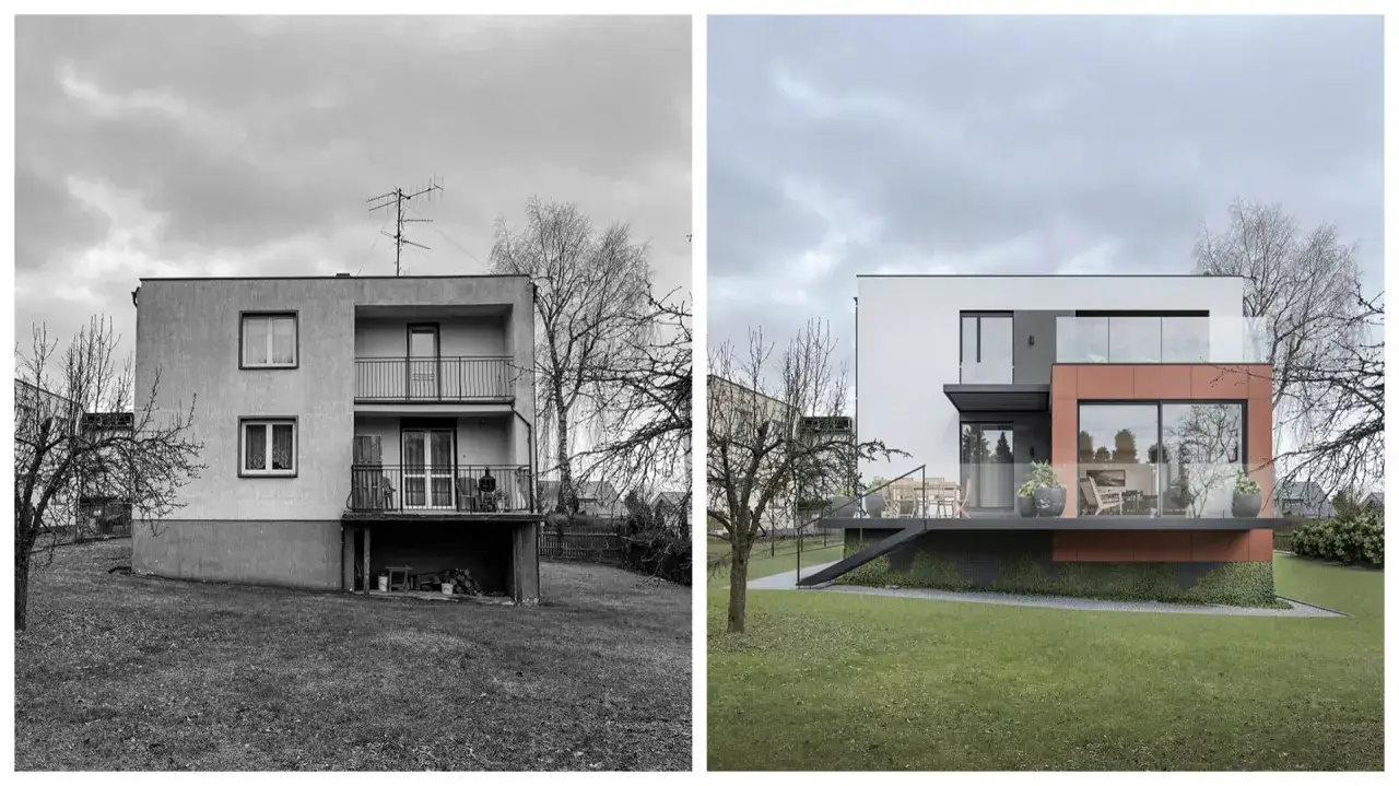 Przed i po: modernistyczna metamorfoza elewacji domów z lat 70-tych. Nowoczesna bryła z przeszklonymi tarasami i ceglanym akcentem.
