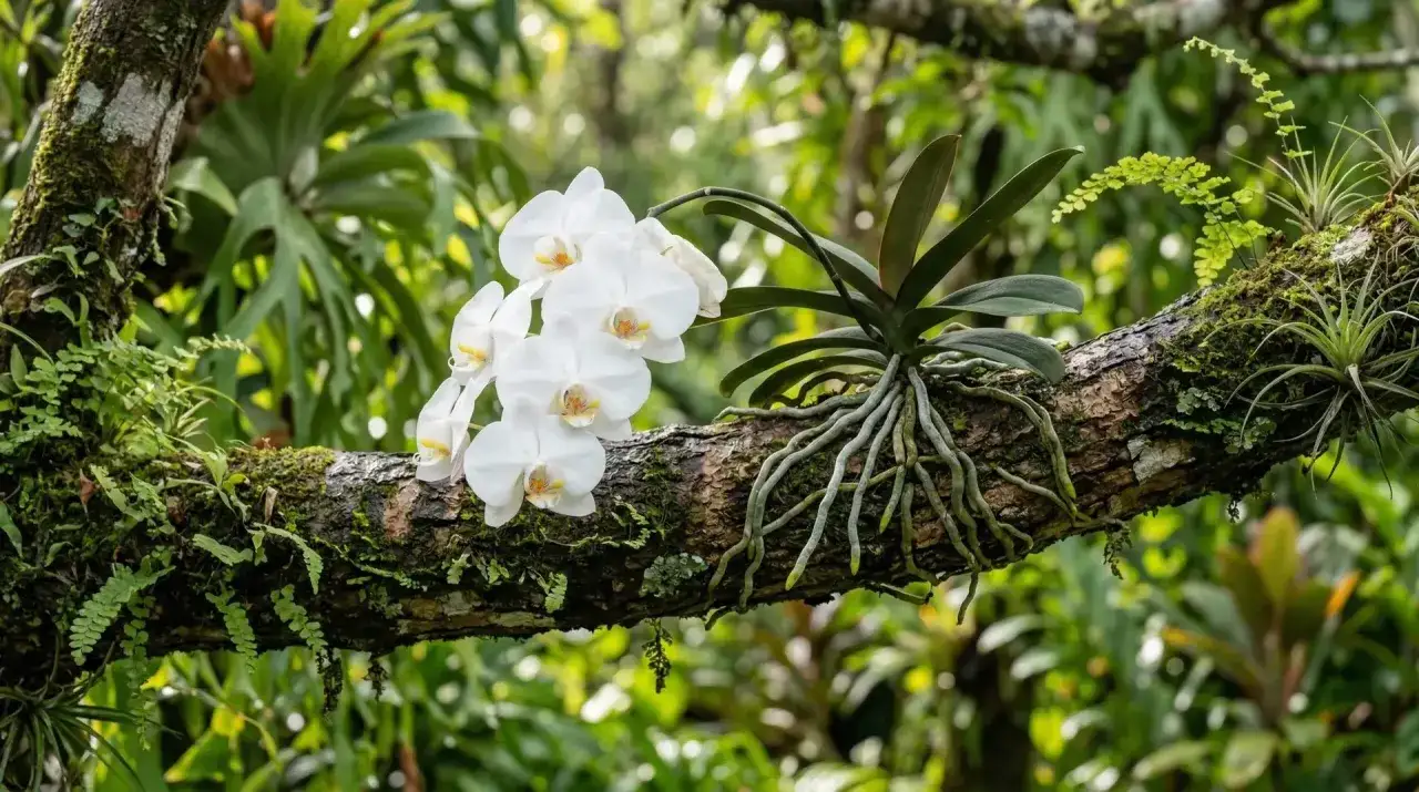 Orchidées blanches épanouies sur une branche moussue, leurs racines aériennes s'accrochant à l'écorce. Un habitat naturel idéal, loin de la terre pour orchidée.