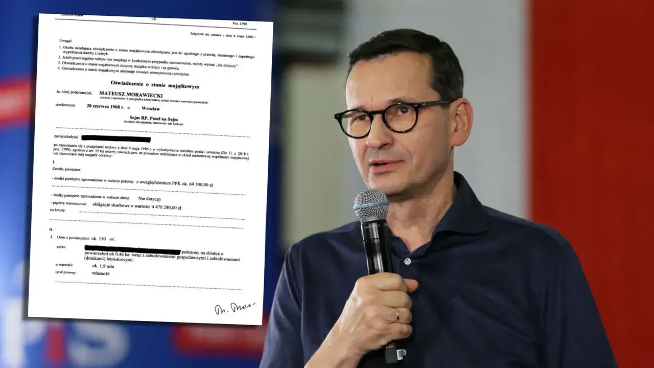 Oświadczenie o stanie majątkowym Mateusza Morawieckiego. Dokument zawiera informacje o jego majątku, w tym środkach pieniężnych i nieruchomościach.