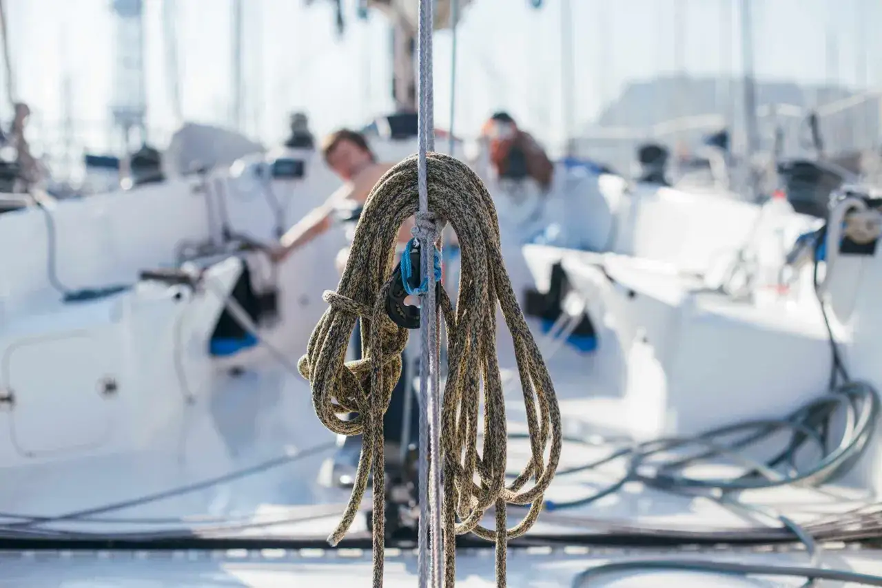 C&acirc;ble d'ancre enroul&eacute;, pr&ecirc;t pour l'installation du guindeau &eacute;lectrique sur un voilier.