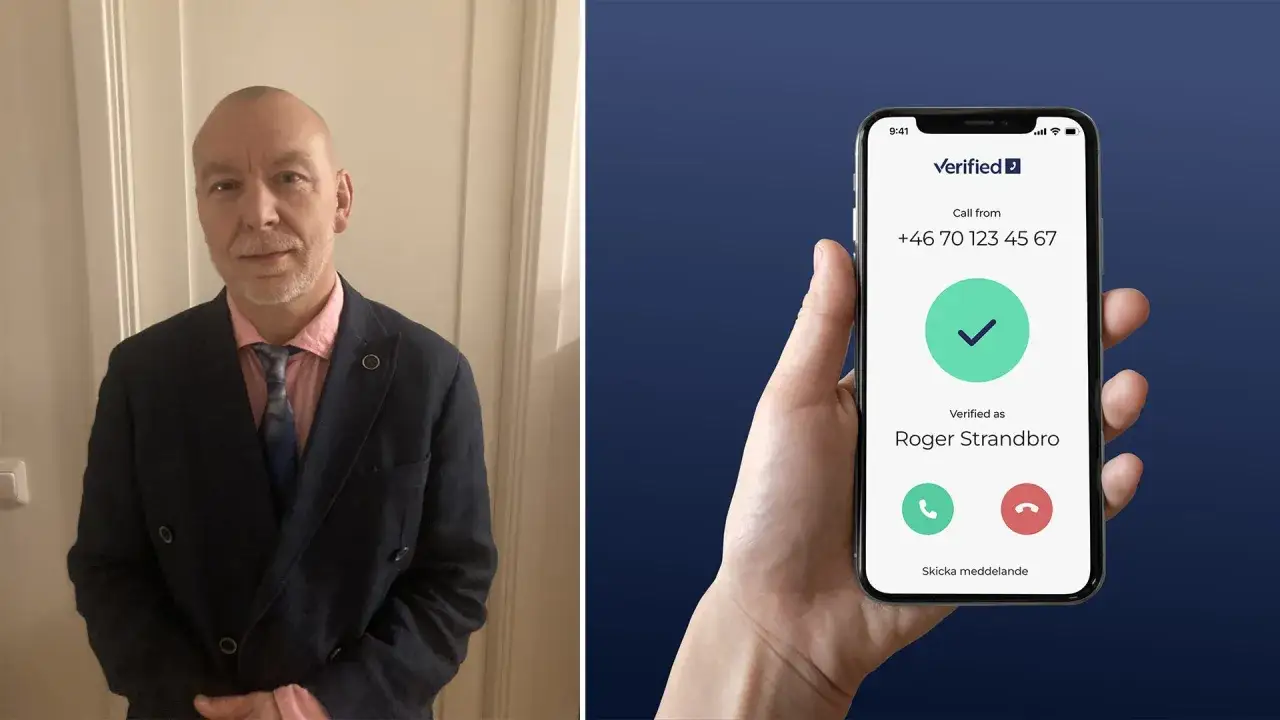 Man i kostym. Telefon visar verifierat samtal från Roger Strandbro, för att undvika att spoofa telefonnummer.