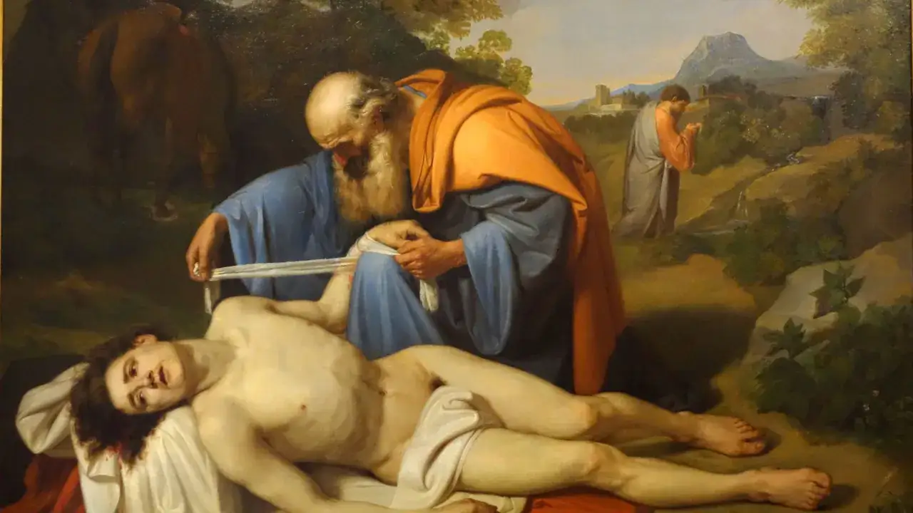 An old man bandages a young man's wound, a scene that prompts reflection on whether God forgives suicide.