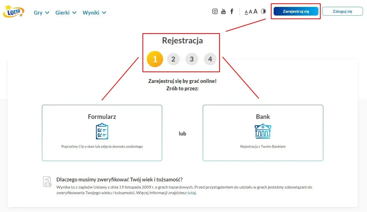 Zarejestruj się, by grać w lotto przez internet. Wybierz formularz lub bank.