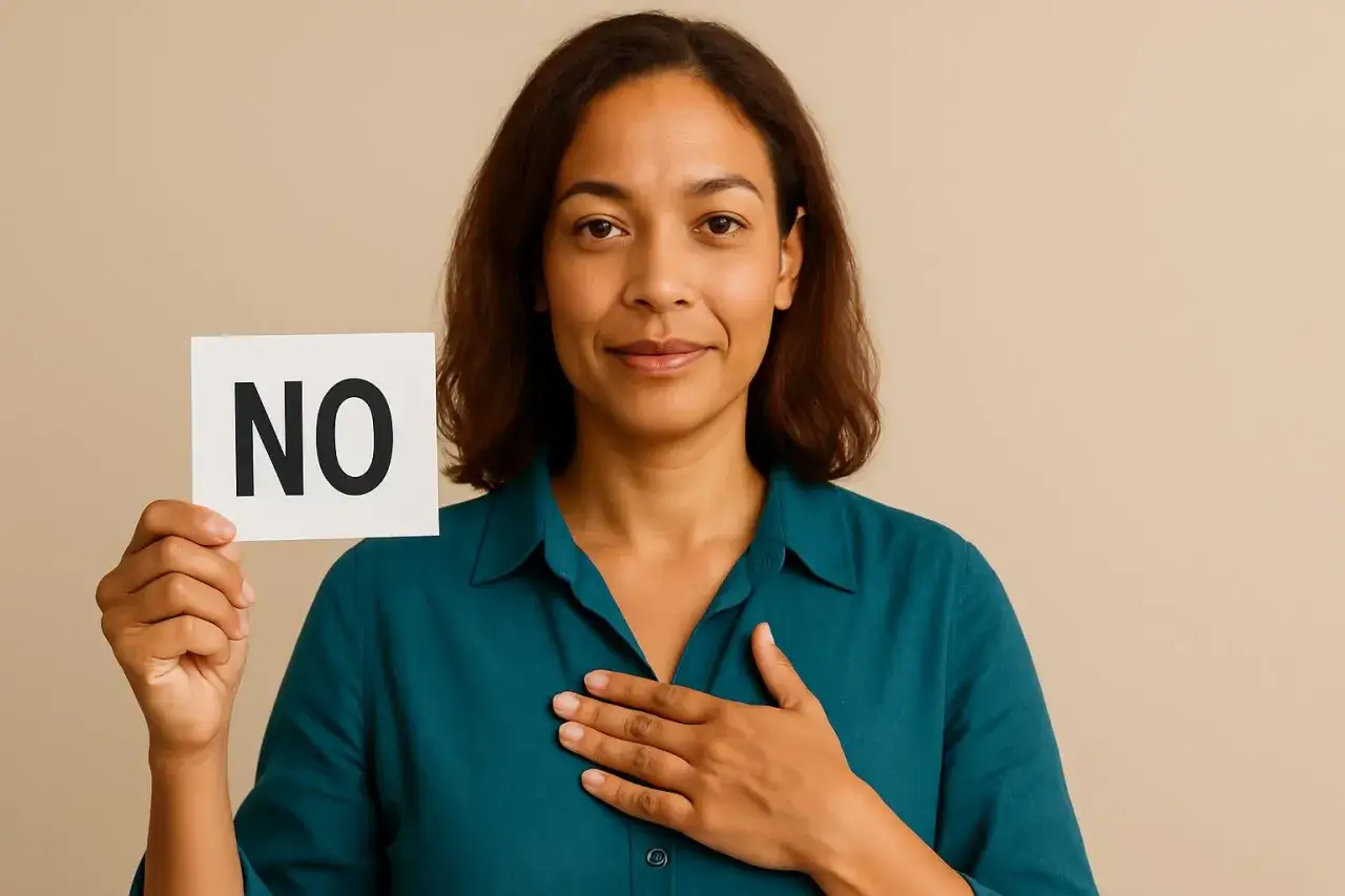 Donna sorridente tiene un cartello con scritto