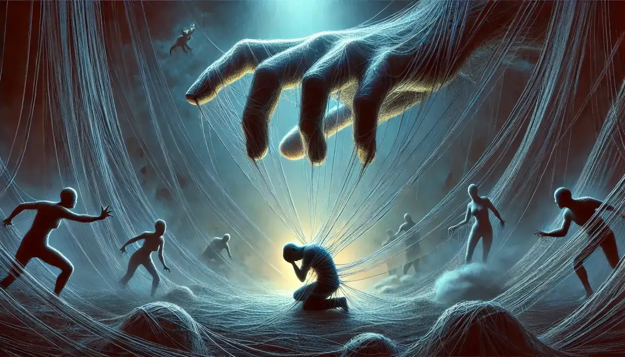 Figure umane intrappolate in una ragnatela, simboleggianti la lotta per come guarire dalla dipendenza affettiva.