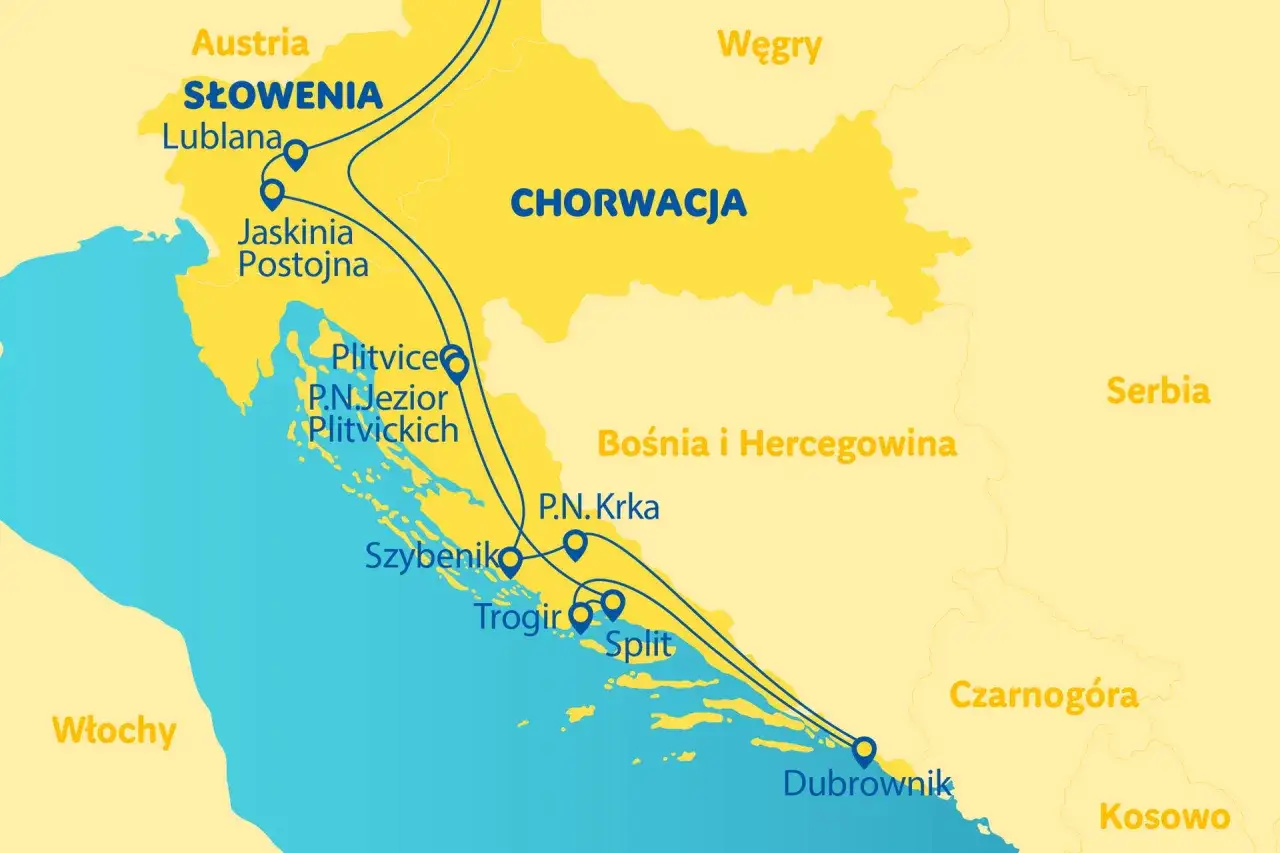 Mapa turystyczna Chorwacji, pokazująca trasę od Słowenii przez Plitwickie Jeziora, Split, Trogir, Szybenik po Dubrownik. Gdzie jest Dalmacja? Na mapie widać ją jako wybrzeże Chorwacji.