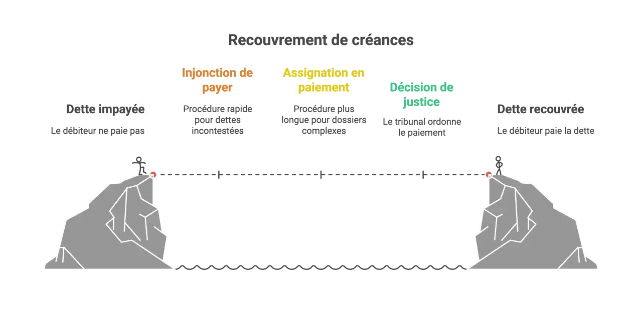 Sch&eacute;ma illustrant le recouvrement de cr&eacute;ances : de la dette impay&eacute;e &agrave; la dette recouvr&eacute;e, en passant par l'injonction de payer, l'assignation et la d&eacute;cision de justice. Ces &eacute;tapes peuvent engendrer des frais de recouvrement.