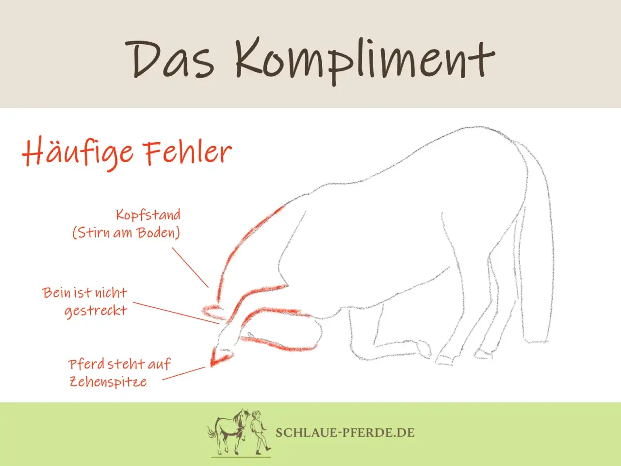 Illustration zeigt, wie man einem Pferd das Kompliment beibringen kann, mit roten Markierungen f&uuml;r h&auml;ufige Fehler wie Kopfstand und Zehenspitzenstand.
