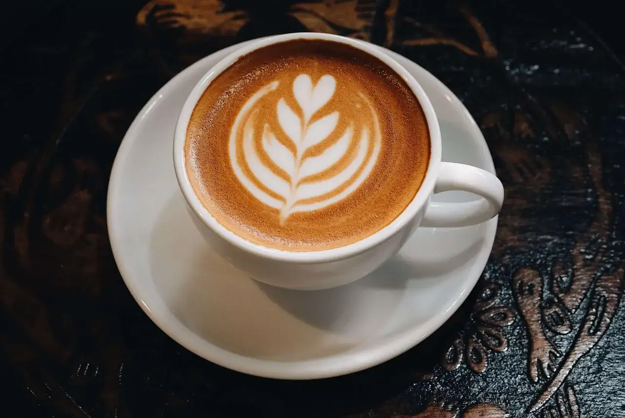 Un cappuccino senza caffè, con schiuma latte decorata a forma di foglia, servito su un piattino bianco.