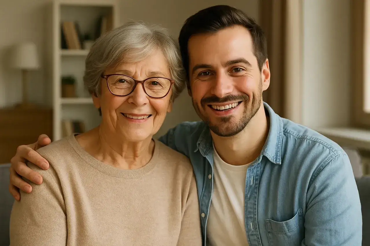 Un uomo sorride con un braccio sulla spalla di un'anziana donna. Un gesto d'affetto che ricorda la donazione ai nipoti e non ai figli.