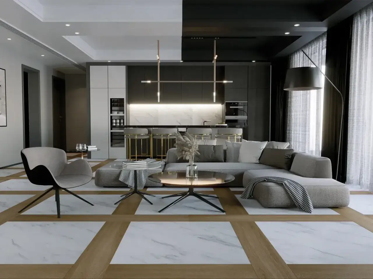 Soggiorno moderno con divano angolare grigio, poltrona, tavolini e cucina a vista. Il pavimento in lvt pavimenti, con inserti in marmo e legno, crea un effetto geometrico elegante.