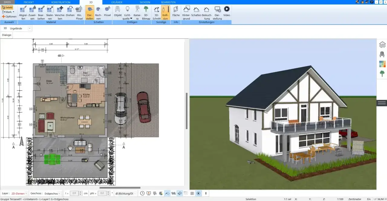 Hausbau planen: 2D-Grundriss und 3D-Ansicht eines modernen Einfamilienhauses mit Terrasse und Garten.