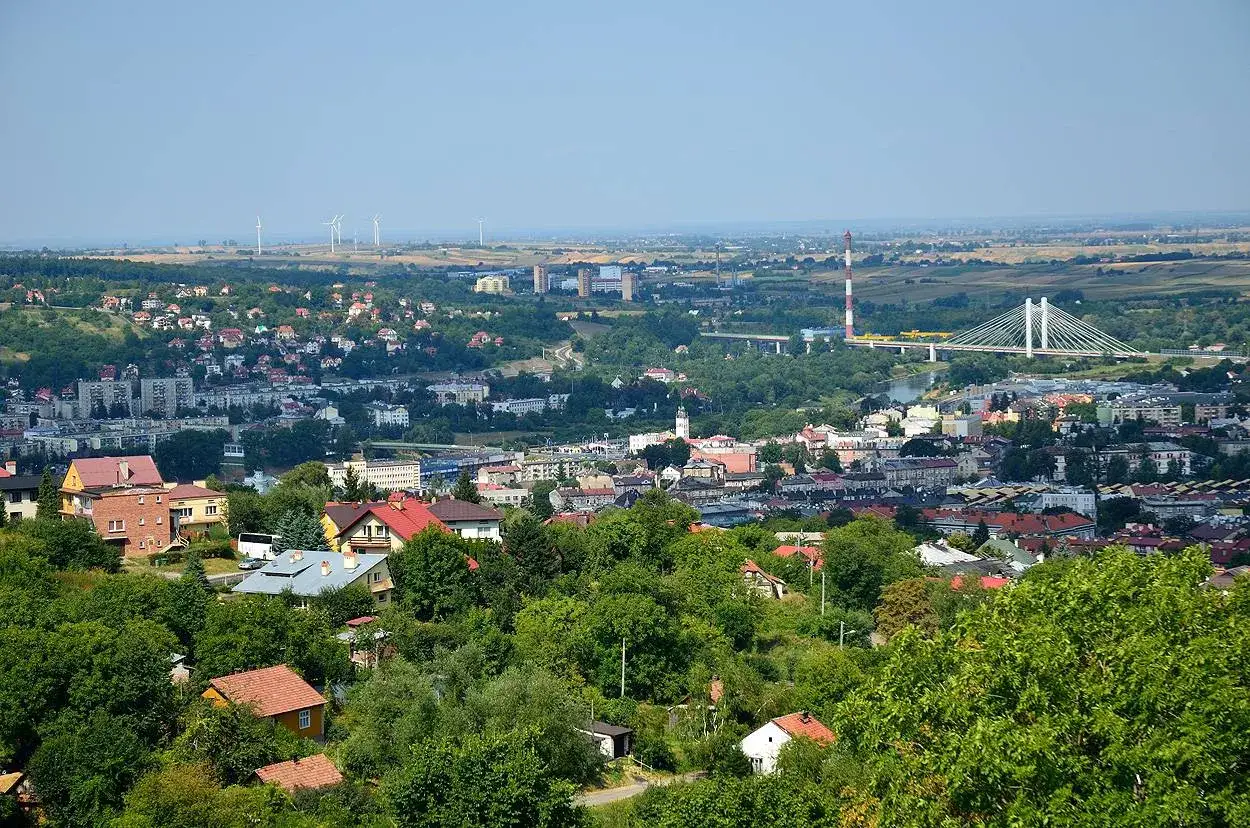 Widok na Przemyśl z g&oacute;rującym Kopcem Tatarskim. W oddali most i elektrownia.