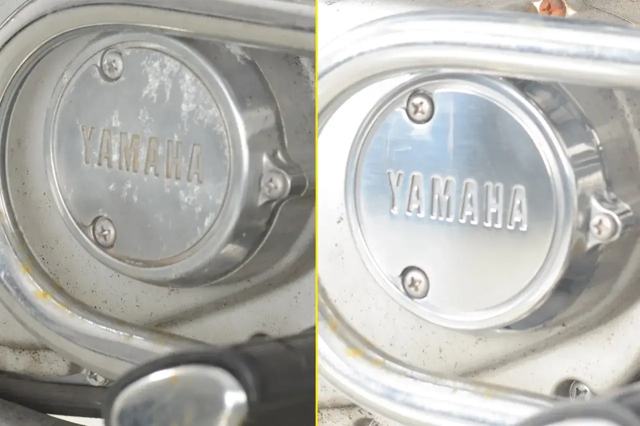 Il coperchio motore Yamaha, prima e dopo il trattamento anodizzato. Il significato di anodizzato è la protezione superficiale che dona lucentezza e resistenza.