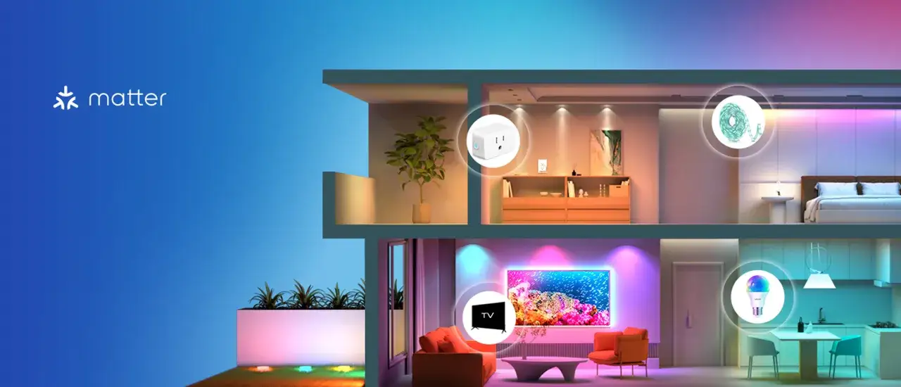 Inteligentny dom z aplikacją smart: wtyczka, taśma LED, żarówka i telewizor sterowane zdalnie.