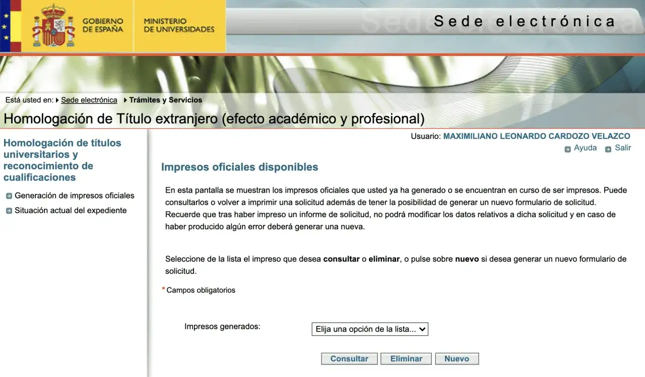P&aacute;gina web para homologar un curso privado, con opciones para generar o consultar impresos oficiales de homologaci&oacute;n de t&iacute;tulos universitarios.