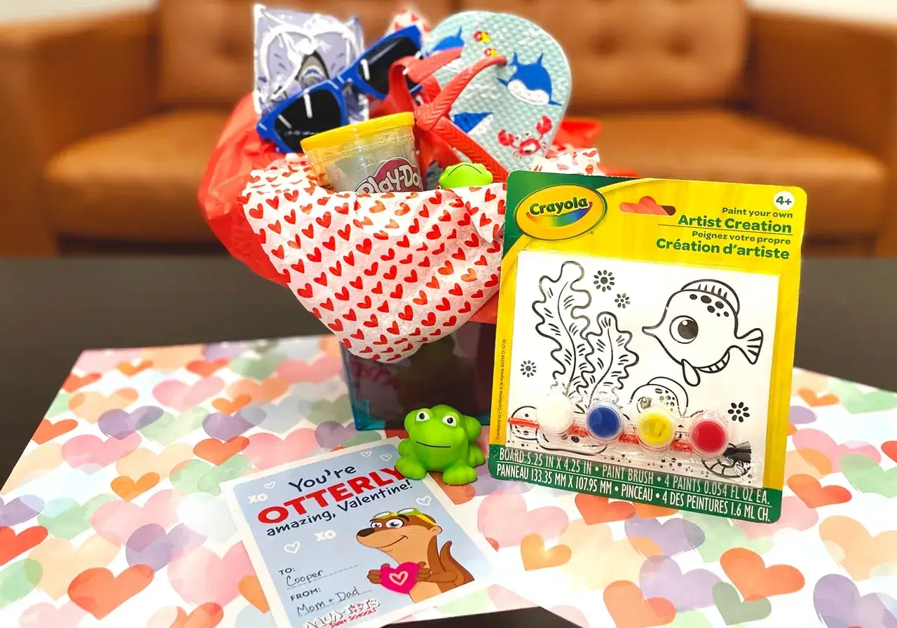 Cesta de San Valentín para niños con tarjetas, plastilina, gafas de sol y kit de pintura de peces.