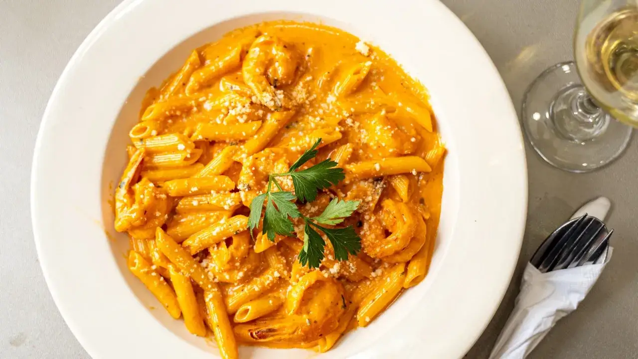 Krämig penne med räkor i en läcker tomatsås, perfekt till ett glas vin. En härlig vin till vodkapasta-upplevelse.