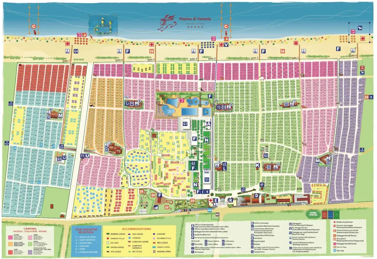 Mapa kempingu Marina di Venezia z podziałem na sektory, plażę, baseny i obiekty.