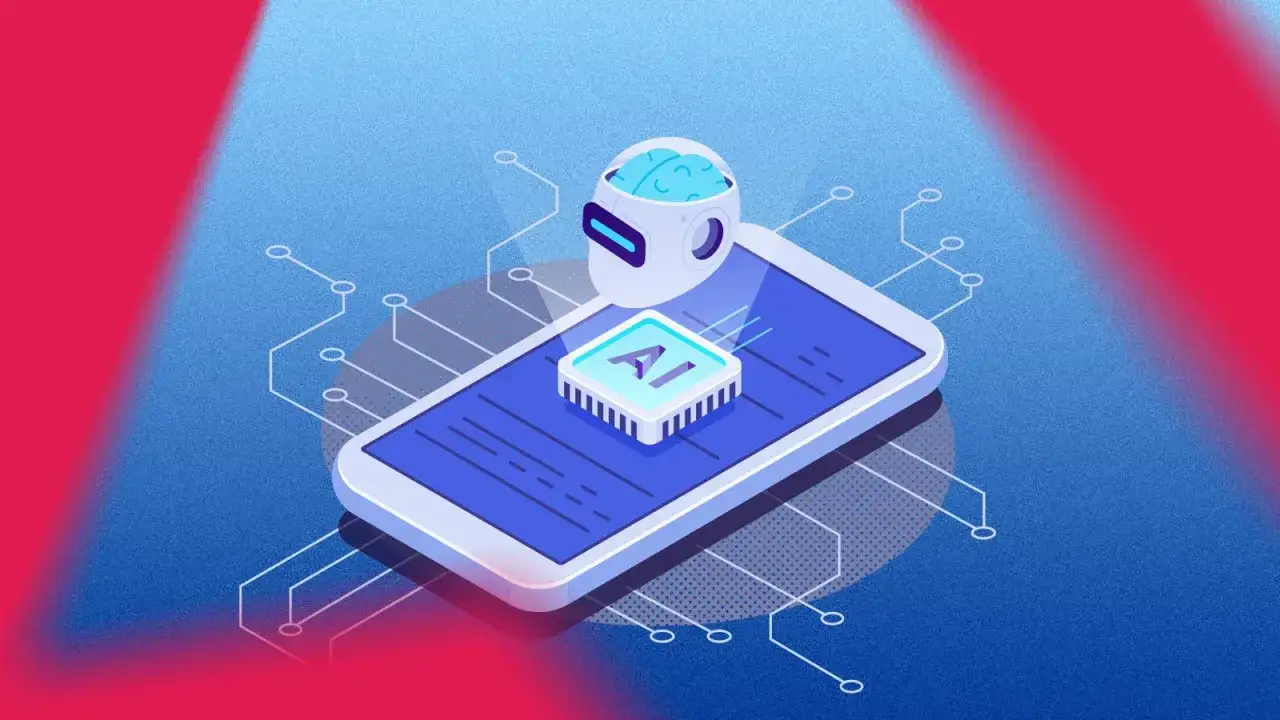 Ilustracja pokazuje smartfon z ikoną AI i głową robota, symbolizując wykorzystanie sztucznej inteligencji w technologii.