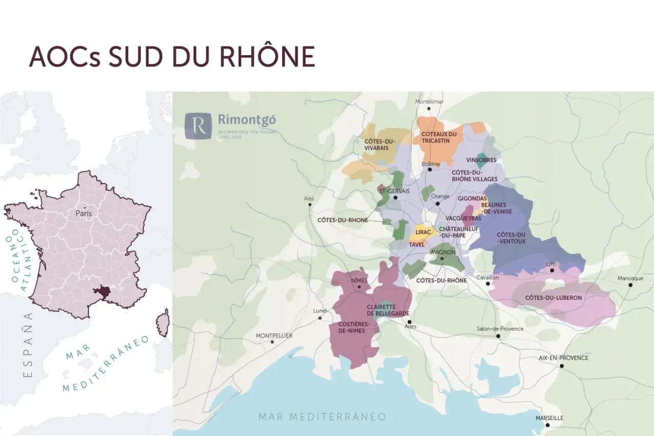 Mapa winnic południowego Rodanu, gdzie widać region Châteauneuf-du-Pape, słynący z wina papieskiego.