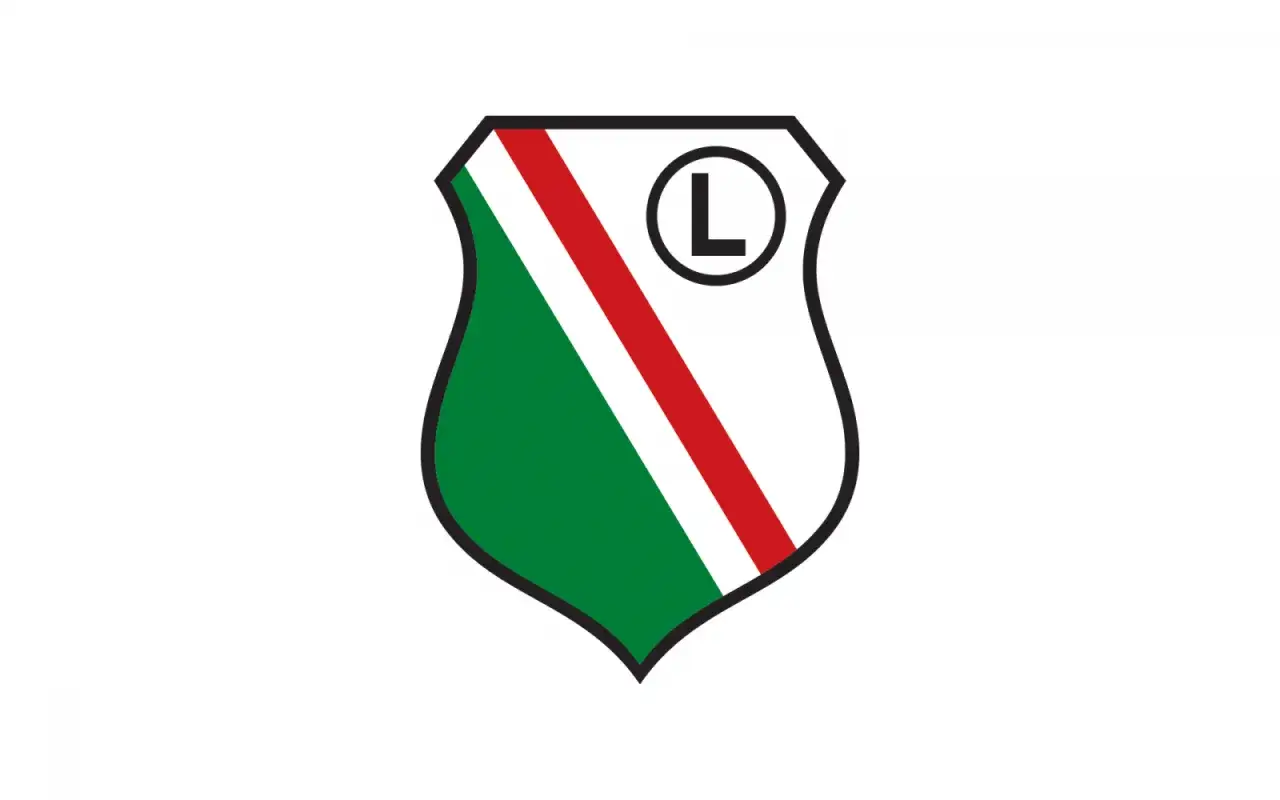 Herb Legii Warszawa: biała tarcza z zielonym i czerwonym pasem oraz czarną literą 