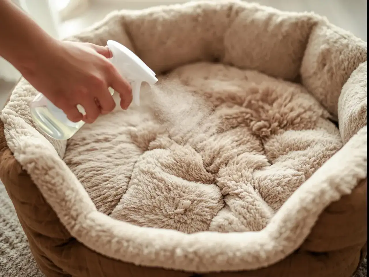 Une astuce de grand-mère pour éliminer l'odeur de chien : vaporiser un produit naturel sur le panier douillet.