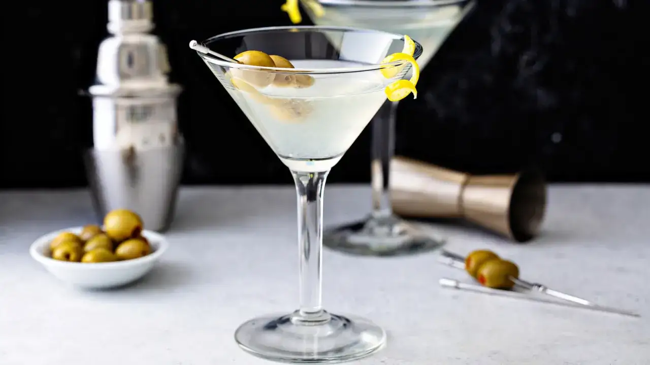 Eleganckie martini z oliwkami i skórką cytrynową. Idealne do delektowania się chwilą. Z czym pić martini? Z takimi dodatkami!
