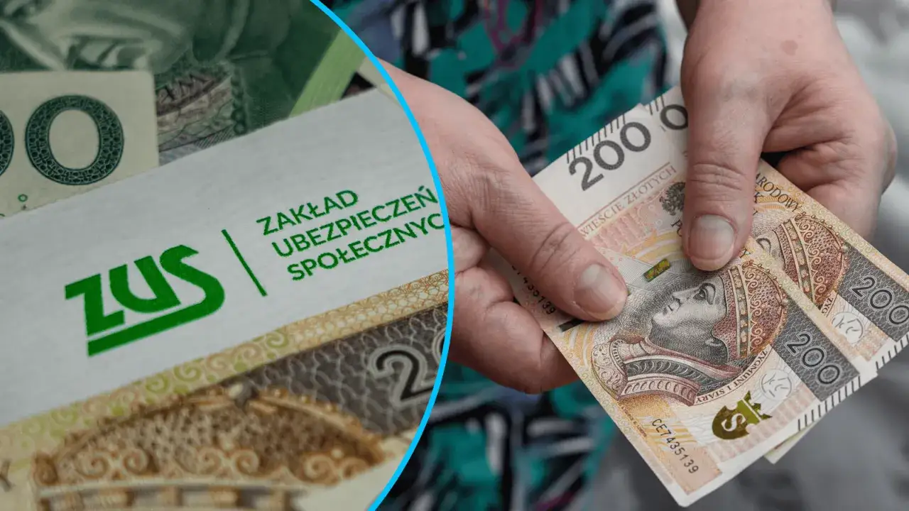 Dłoń trzyma banknoty 200 zł. Obok logo ZUS, symbolizujące rodzicielskie świadczenie uzupełniające.