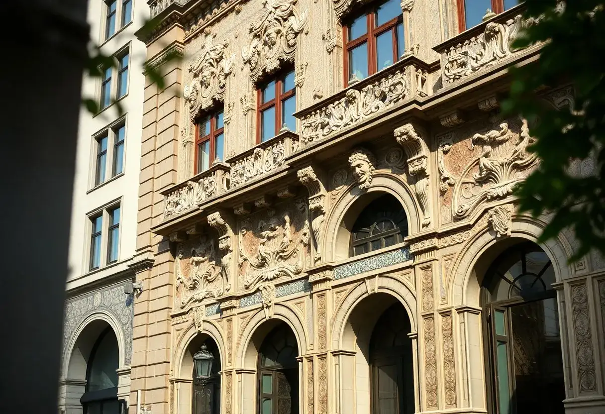 Detailreiches Jugendstil Haus mit kunstvollen Verzierungen, Gesichtern und B&ouml;gen. Daneben ein schlichtes Geb&auml;ude.