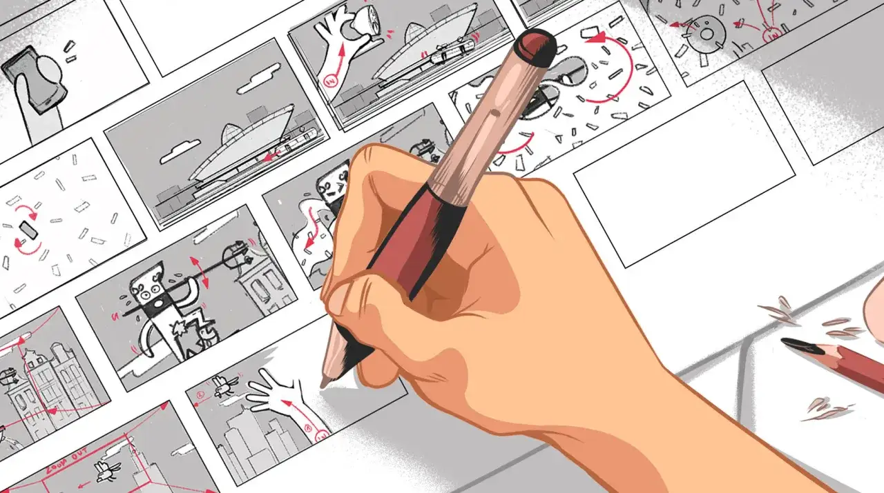 Rysunek storyboardu, gdzie ręka trzyma pióro, tworząc kolejne klatki. Widać tu pracę scenarzysty nad wizualizacją historii.