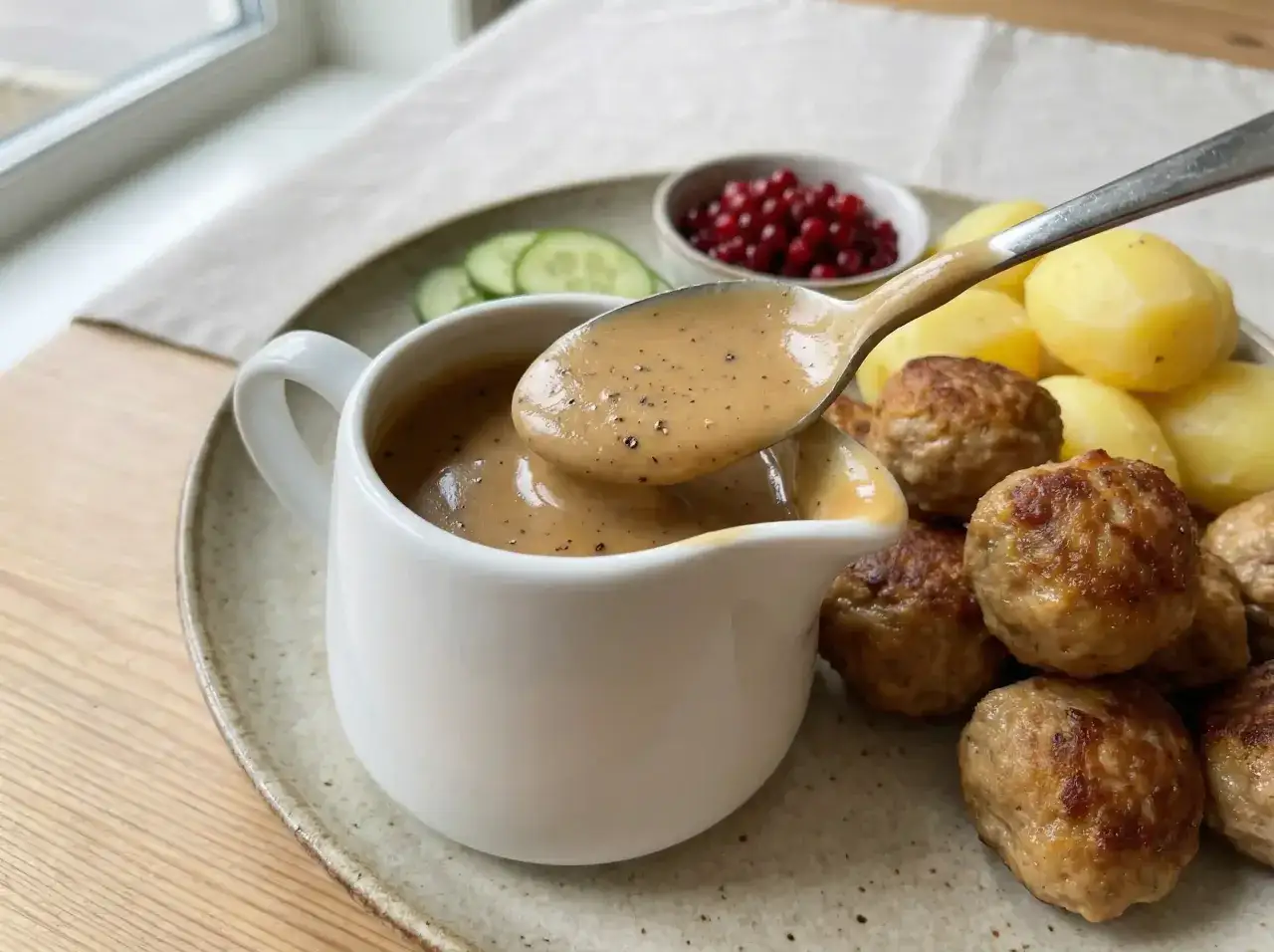 En sked med kr&auml;mig s&aring;s, perfekt f&ouml;r k&ouml;ttbullar. Detta &auml;r ett enkelt choklads&aring;s recept som lyfter hela m&aring;ltiden.