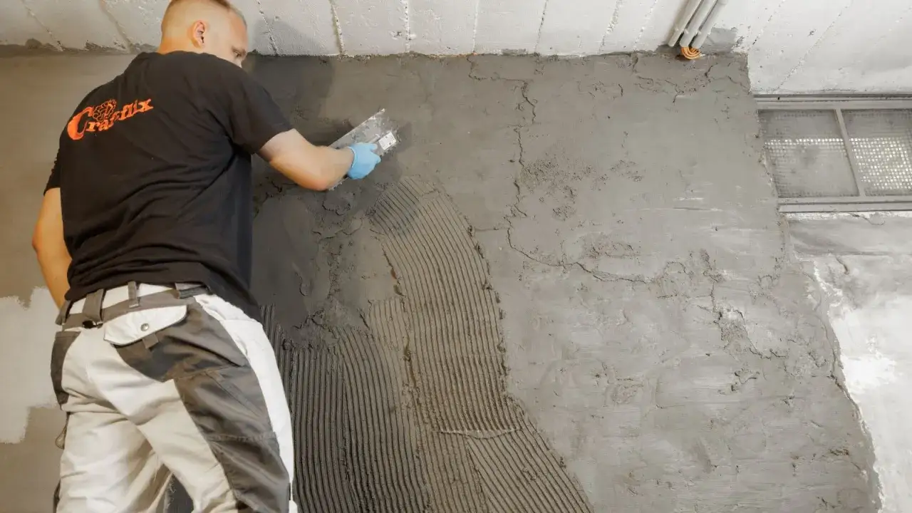 Handwerker tr&auml;gt M&ouml;rtel auf Wand auf, um den feuchten Keller zu sanieren.