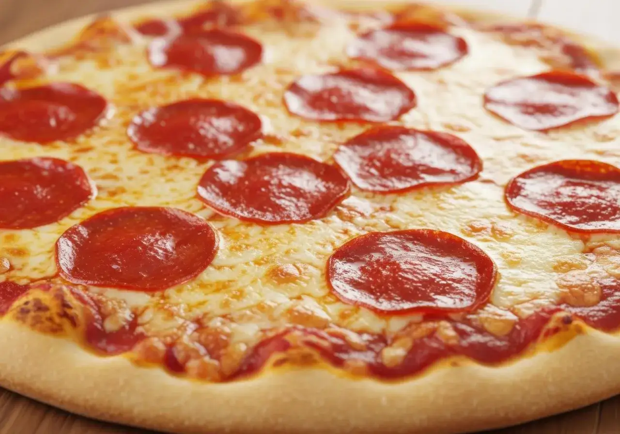 Apetyczna pizza pepperoni z ciągnącym się serem i chrupiącym ciastem. Idealna na wieczór filmowy!