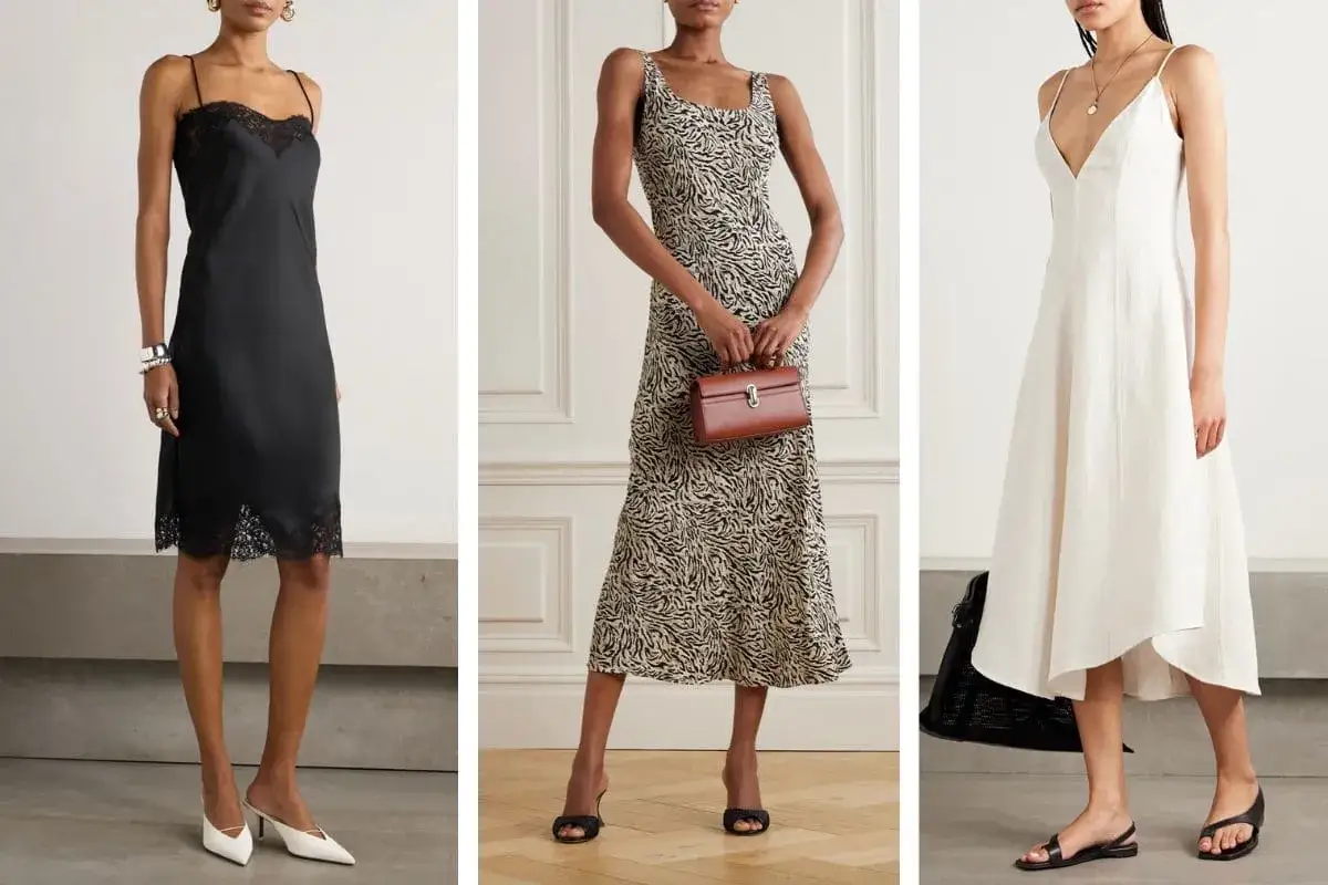 Outfit con abito sottoveste: nero con pizzo, animalier e bianco in lino. Idee di abbinamenti per ogni stile.