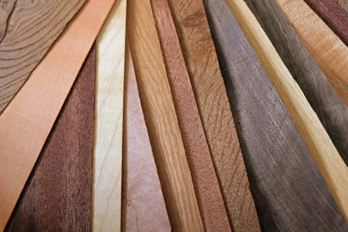 Campione di legni diversi, ideali per il miglior legno per chitarra elettrica, con venature e tonalità variegate.