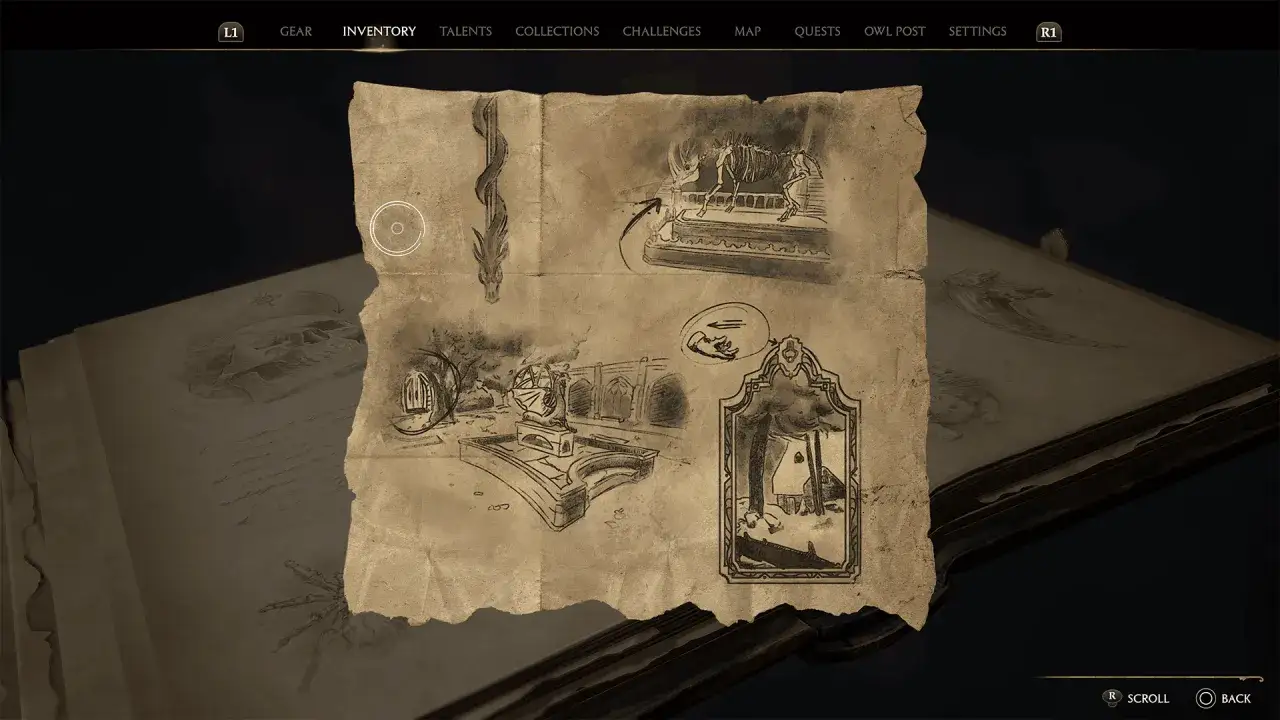 Bocetos de un dragón, un esqueleto de bestia y lugares del castillo, parte de el alijo del castillo hogwarts legacy.