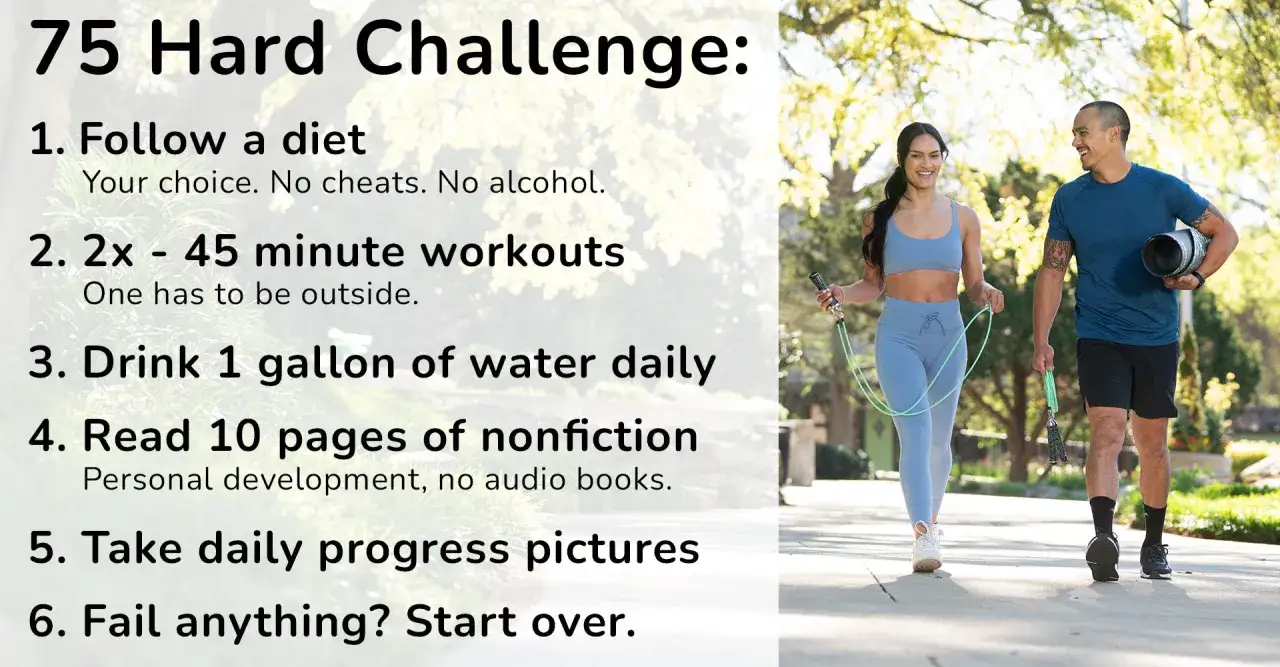 Ein Paar geht spazieren, bereit für die 75 Hard Challenge. Sie folgen strengen Regeln für Ernährung, Sport und Selbstverbesserung.