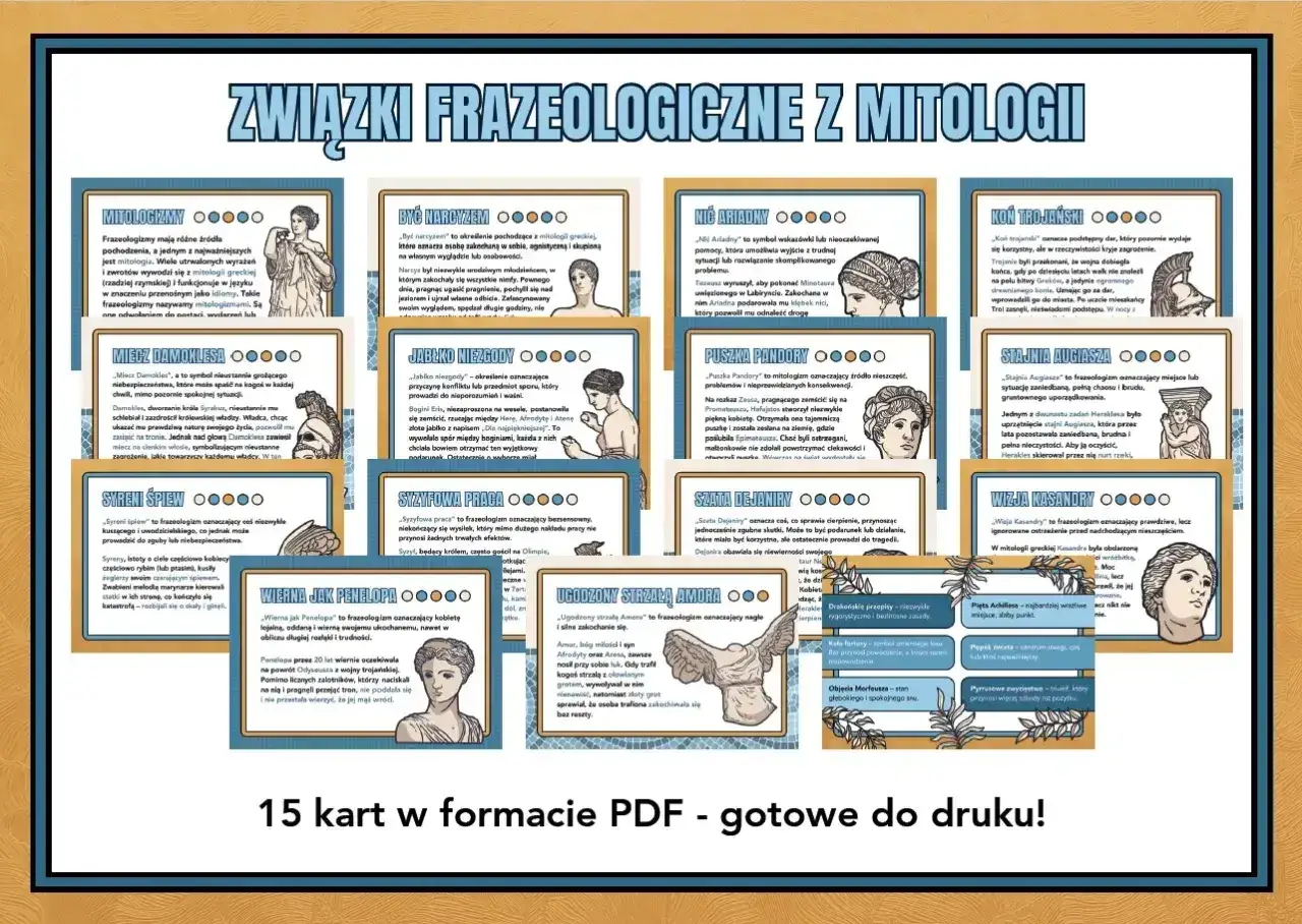 Związki frazeologiczne z biblii i mitologii: karty edukacyjne. Poznaj mityczne historie i ich odzwierciedlenie w języku.