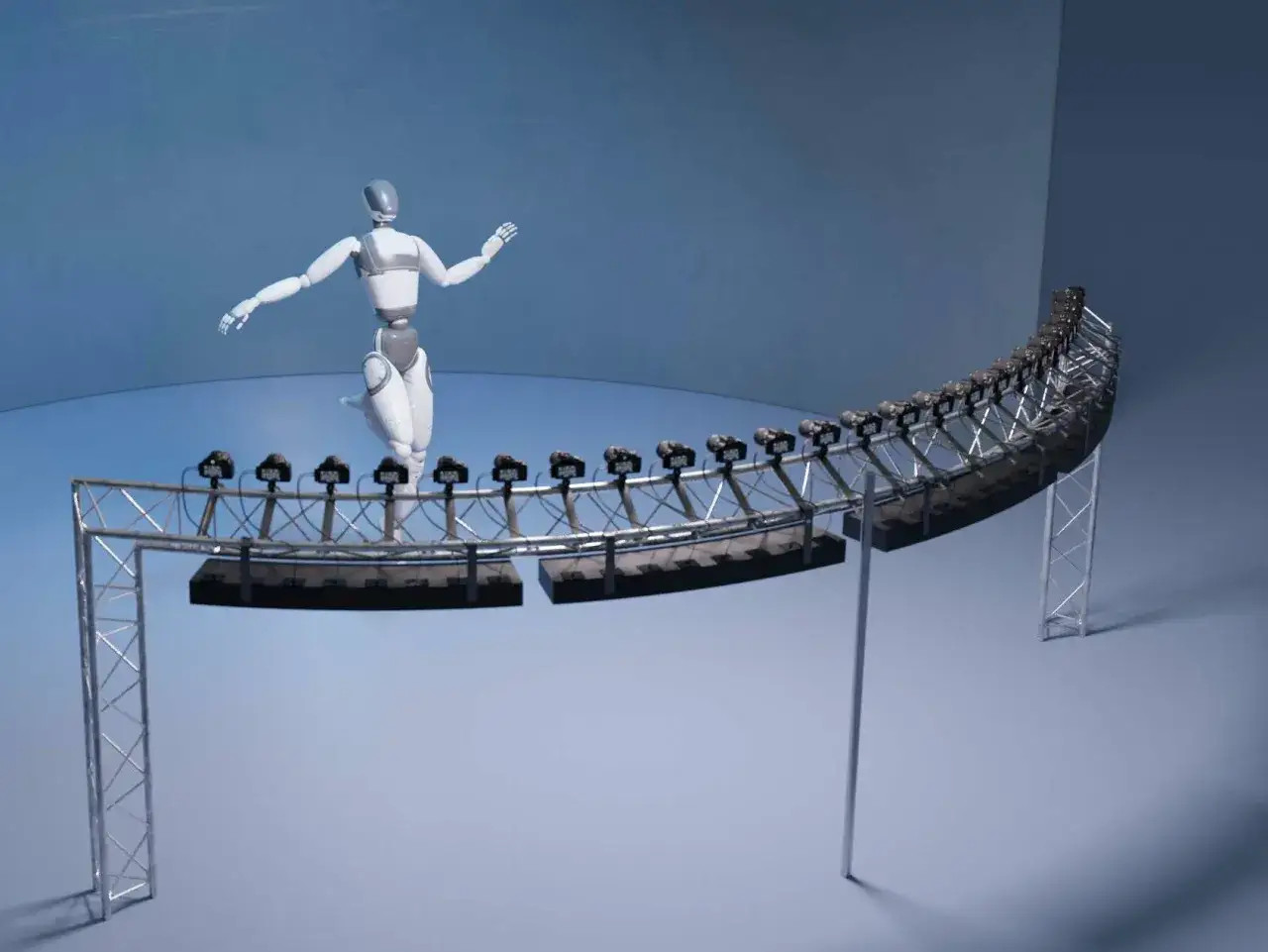 Un robot blanco y gris posa en un escenario circular con cámaras dispuestas para capturar el efecto bullet time.
