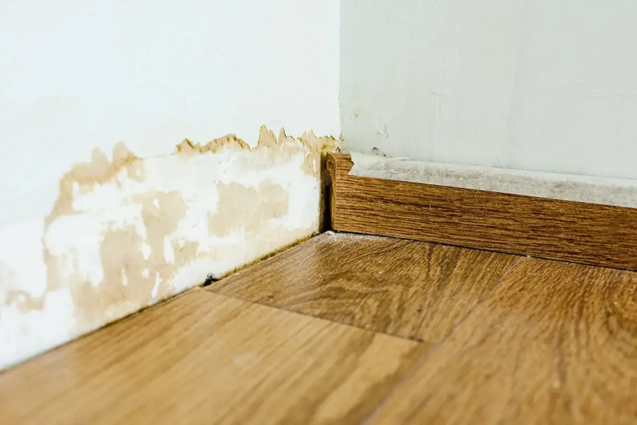 Wasserschaden an der Wand und am Boden. Der rohrbruch versicherung zahlt nicht, die Tapete l&ouml;st sich.