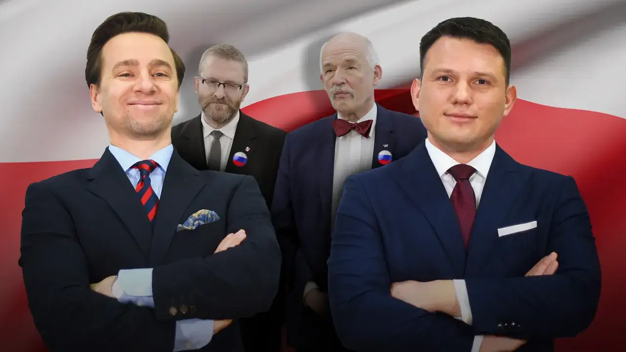 Czterech mężczyzn w garniturach na tle flagi Polski. Być może to oni odpowiadają, dlaczego w sondażach Konfederacja notuje dwucyfrowy wynik wśród najmłodszych wyborców.