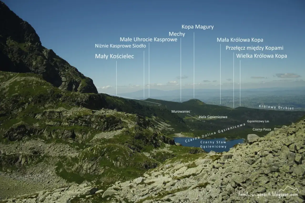 Widok na Tatry z zaznaczonymi szczytami i dolinami, w tym Czarną Doliną Gąsienicową.