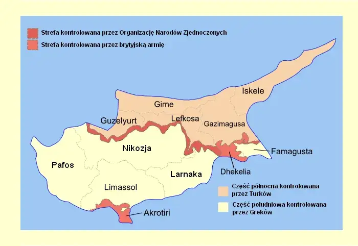 Mapa podziału Cypru na Republikę Cypryjską i Cypr Północny